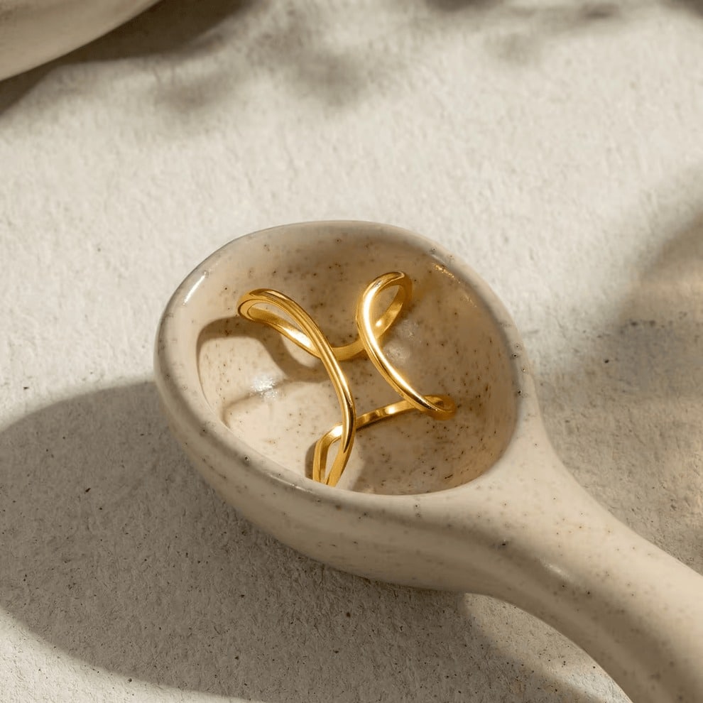 Inel inox linie neregulata, placaj aur 18K