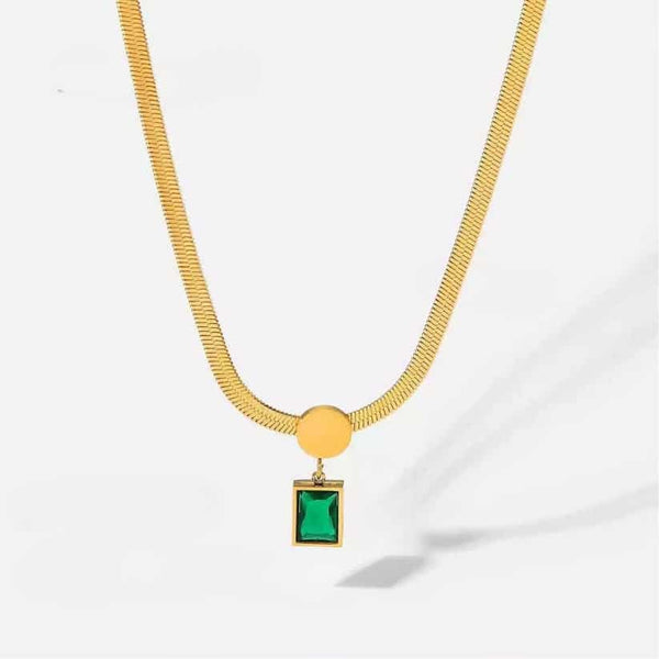 Colier inox Herringbone, placaj aur 18K, CZ verde