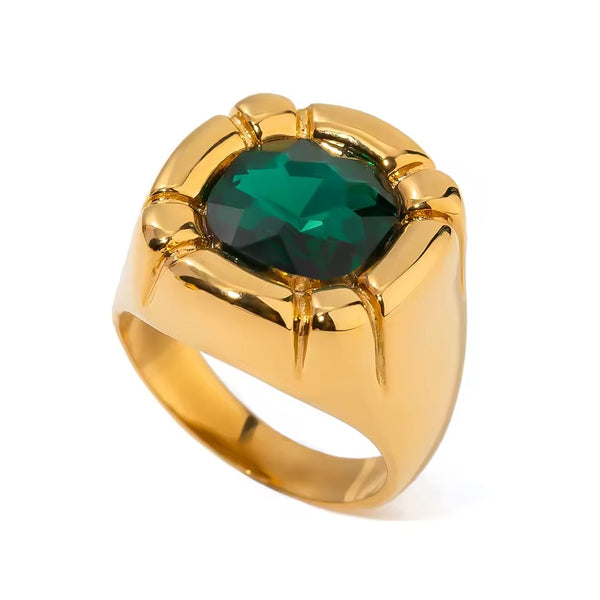 Inel inox, placaj aur 18K, Ghiul cu piatra CZ verde
