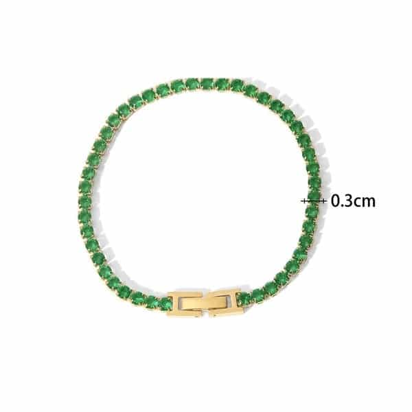Bratara inox tennis, placaj aur 18K, CZ verde 3 mm, 17 cm