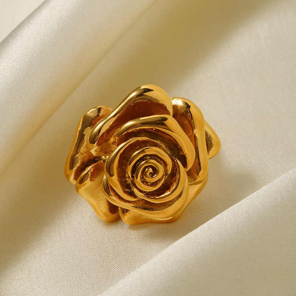 Inel inox statement Trandafir, placaj aur 18K, 24,7g /55