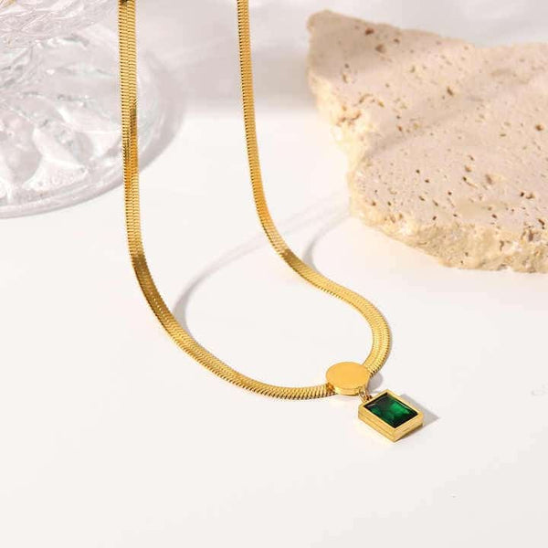 Colier inox Herringbone, placaj aur 18K, CZ verde