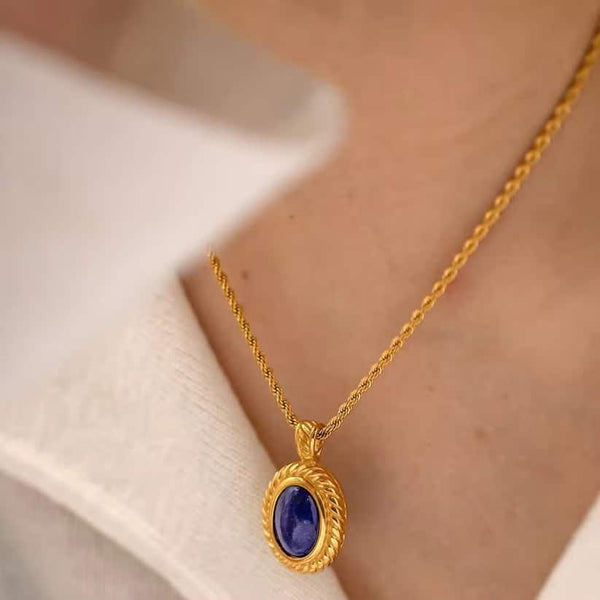 Colier inox funie rasucita cu lapis lazuli 40+ 5 cm, 9.5 g, placaj aur 18k