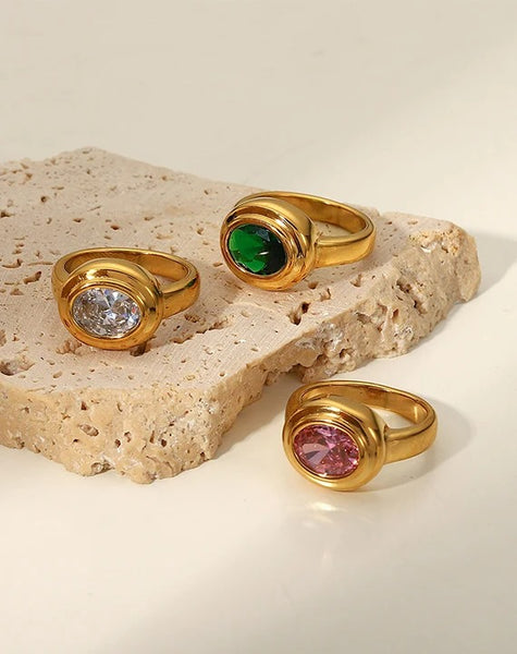 Inel inox CZ verde 5 g, placaj aur 18K
