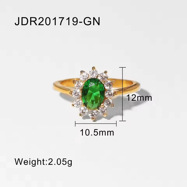 Inel inox, placaj aur 18K, Halo CZ verde si alb 2.3 g