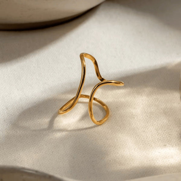 Inel inox linie neregulata, placaj aur 18K