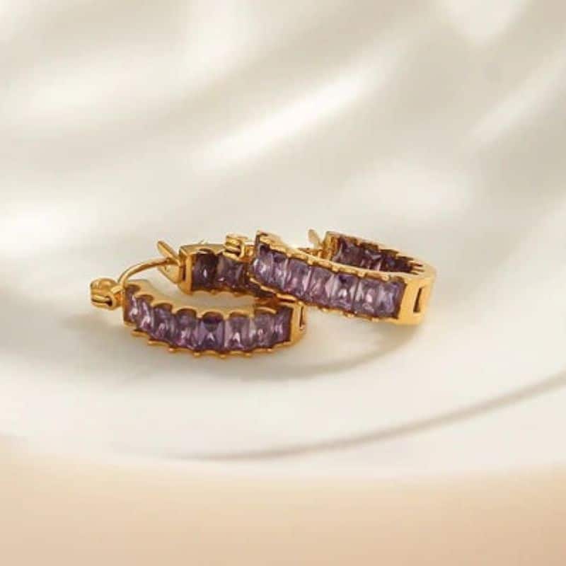 Cercei din otel inoxidabil, placaj aur 18K, cercuri cu CZ violet
