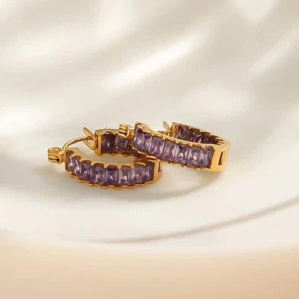 Cercei din otel inoxidabil, placaj aur 18K, cercuri cu CZ violet
