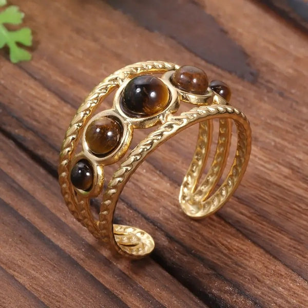 Inel inox 3 linii Tiara ochi de tigru 53-54, placaj aur 18K