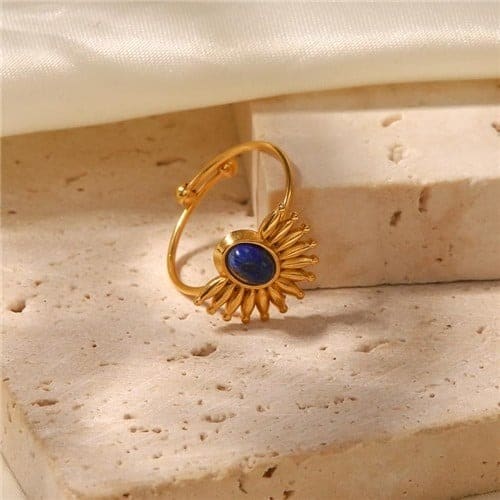 Inel inox reglabil, placaj aur 18K, Semi Soare cu lapis lazuli