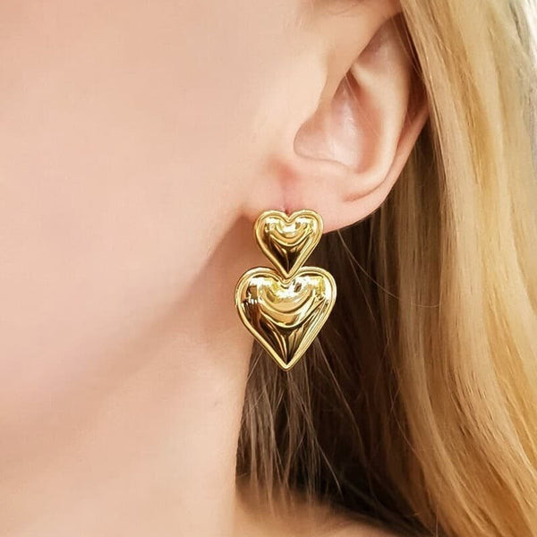 Cercei inox doua inimi, placaj aur 18K, 9.8 g