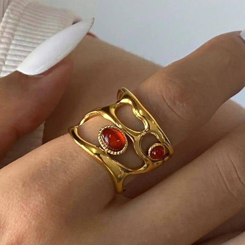 Inel inox multi strat cu agat rosu 53-54, placaj aur 18K