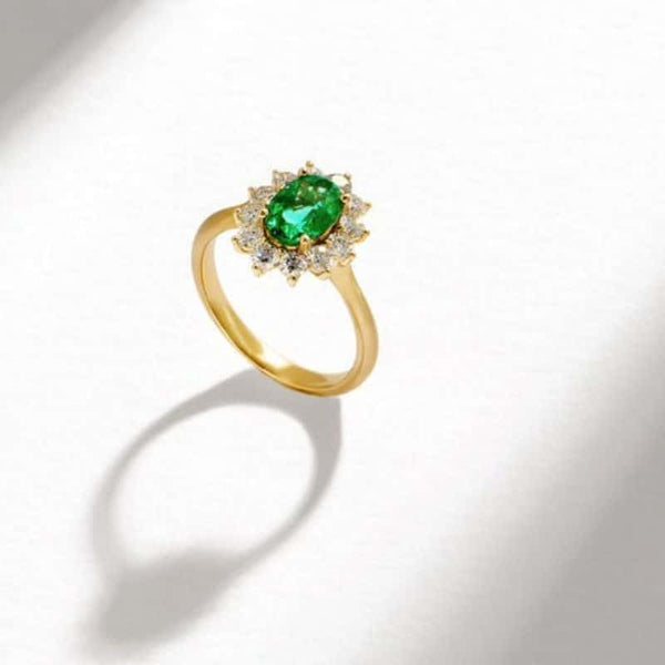 Inel inox, placaj aur 18K, Halo CZ verde si alb 2.3 g