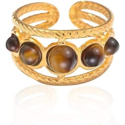 Inel inox 3 linii Tiara ochi de tigru, marimea 54, placaj aur 18K