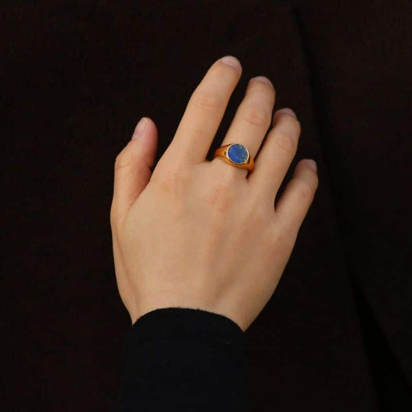 Inel inox cu lapis lazuli rotund plat, placaj aur 18K 5g