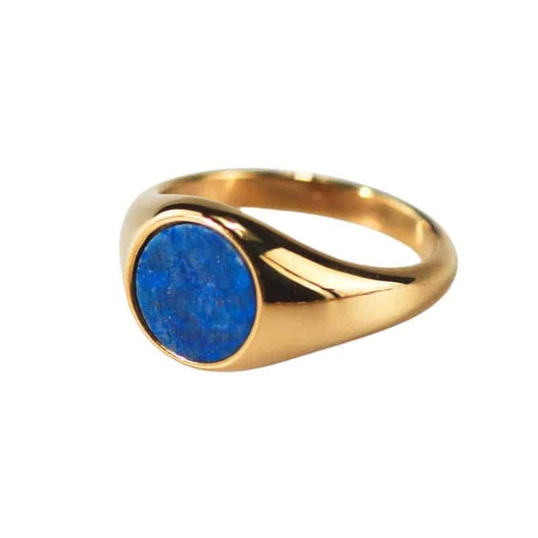 Inel inox cu lapis lazuli rotund plat, placaj aur 18K 5g