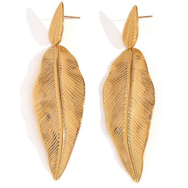 Cercei inox statement frunze lungi placaj aur 18K, 18,4 g