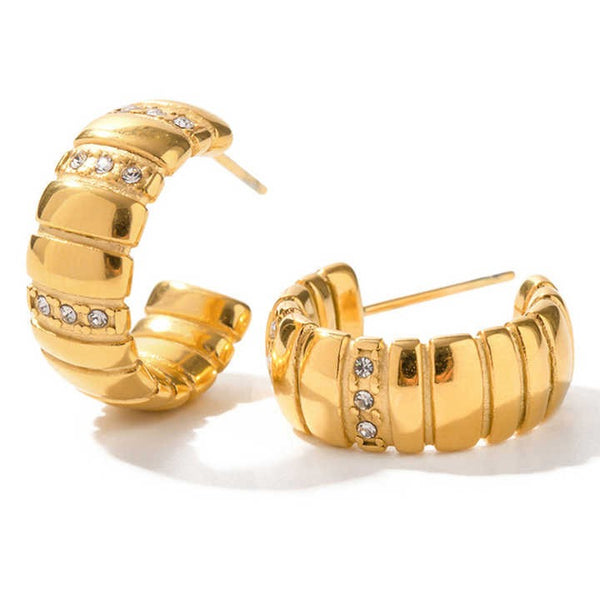 Cercei inox forma C placaj aur 18K CZ albe 10,7 g