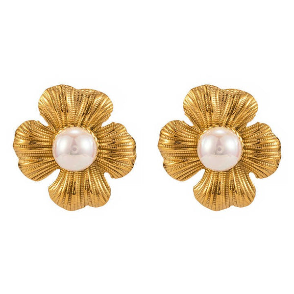 Cercei inox placaj aur 18K floare cu perla pe ureche 11,4 g