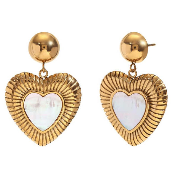 Cercei inox placaj aur 18K inimi cu sidef 13g