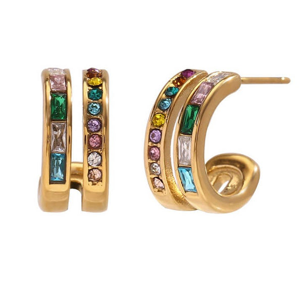 Cercei inox forma C, placaj aur 18K, 2 linii CZ colorate 4.5 g