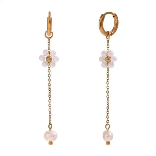 Cercei inox placaj aur 18K lant si floare cu perle mici 2,2 g