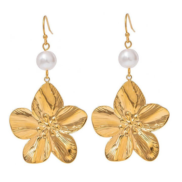 Cercei inox lungi Floare cu Perla, placaj aur 18K,14 g