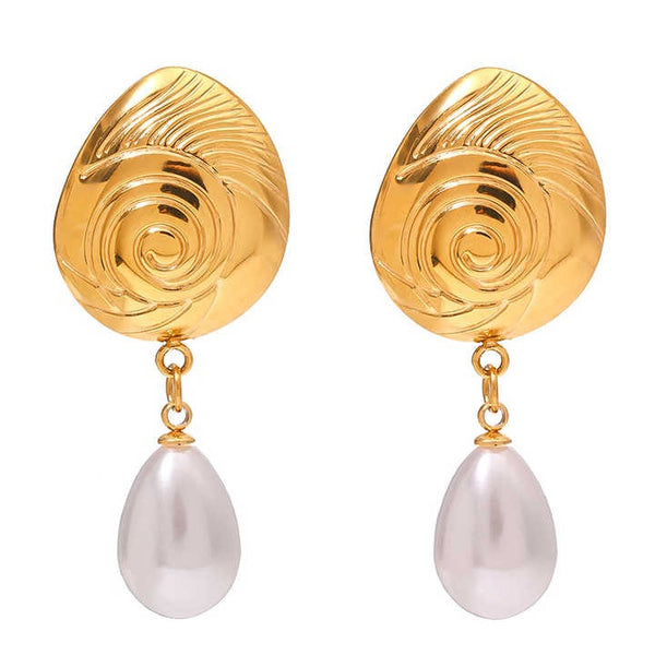 Cercei inox placaj aur 18K melc cu perla 8,5 g