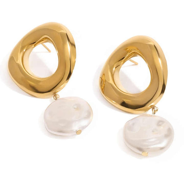 Cercei inox statement placaj aur 18K cercuri cu perle baroc 13,6 g