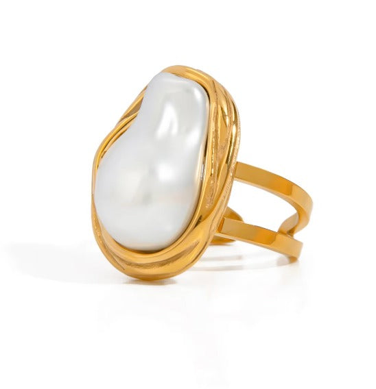 Inel inox statement, placaj aur 18K, cu perla baroc 13 g /56