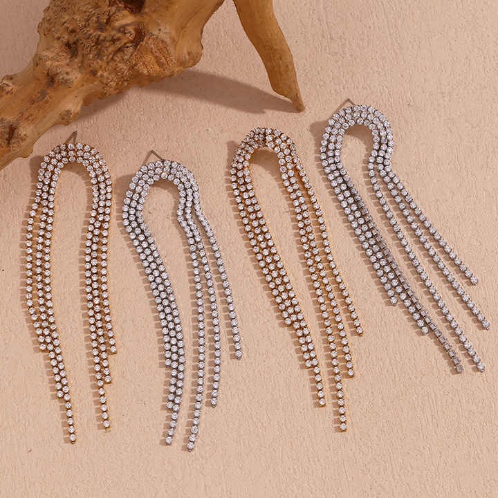 Cercei inox lungi 3 lanturi CZ 12,2 g, placaj aur 18K