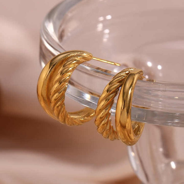 Cercei inox placaj aur 18K forma C , 2 straturi simplu si funie rasucita 8,2 g