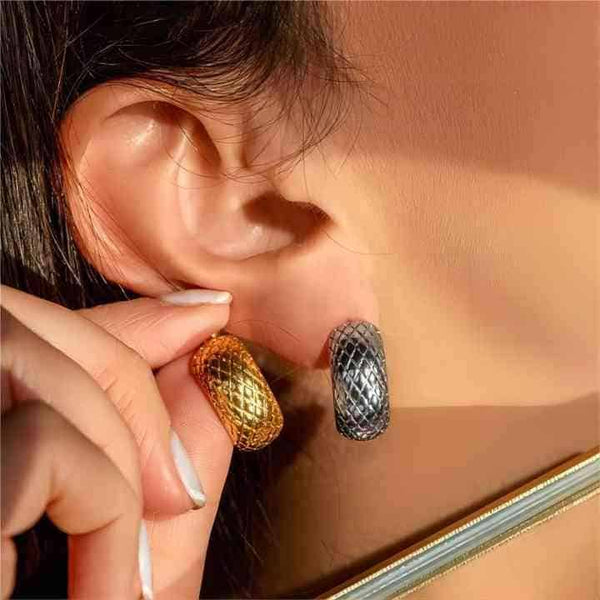 Cercei inox forma C piele de croco placaj aur 18K, 10,5 g
