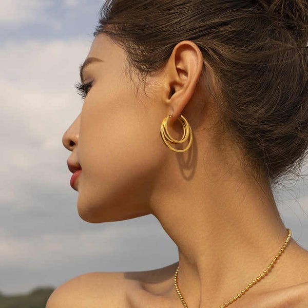 Cercei inox creole mari 3 straturi, placaj aur 18K, 9,7 g