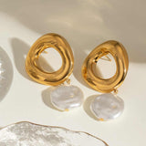 Cercei inox statement placaj aur 18K cercuri cu perle baroc 13,6 g
