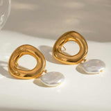 Cercei inox statement placaj aur 18K cercuri cu perle baroc 13,6 g