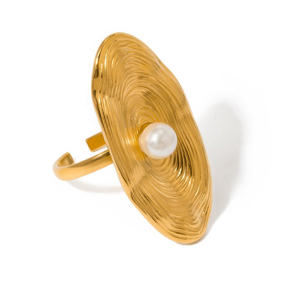 Inel inox placat aur 18K oval mare cu perla margea 7 g