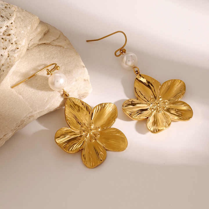 Cercei inox lungi Floare cu Perla, placaj aur 18K,14 g
