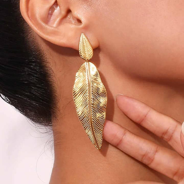 Cercei inox statement frunze lungi placaj aur 18K, 18,4 g