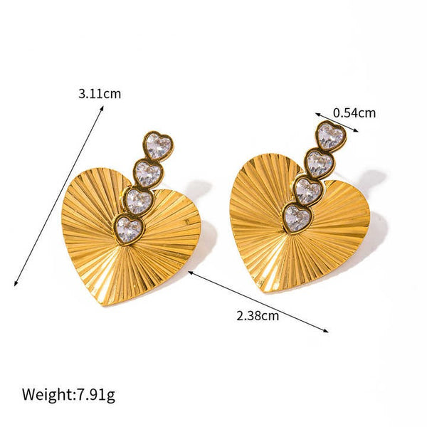 Cercei inox inima si evantai, 4 CZ albe, placaj aur 18K, 8g