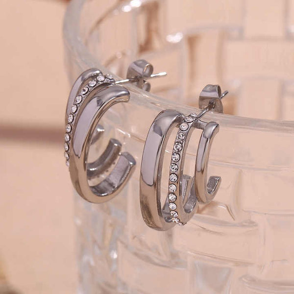 Cercei inox forma C, 3 linii CZ albe 7.6 g