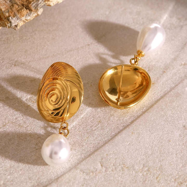 Cercei inox placaj aur 18K melc cu perla 8,5 g