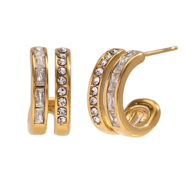 Cercei inox forma C, placaj aur 18K, 2 linii CZ colorate 4.5 g
