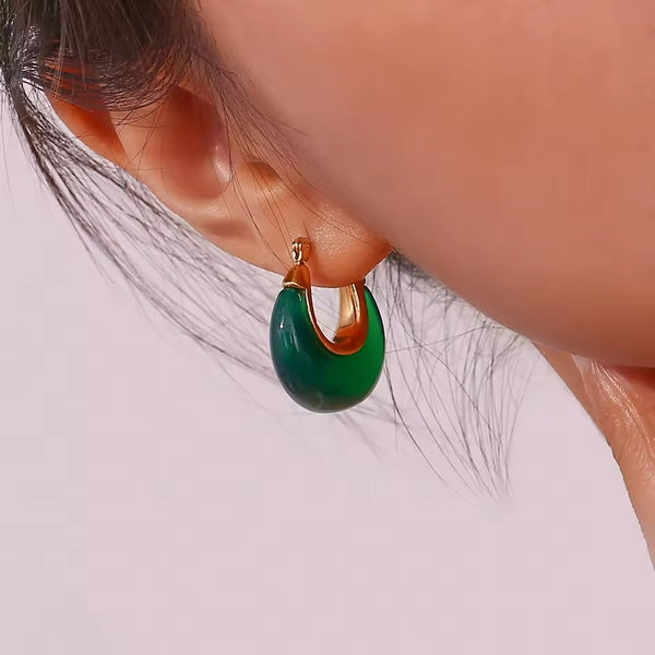 Cercei inox posete cu rasina verde 8,6 g, placaj aur 18K