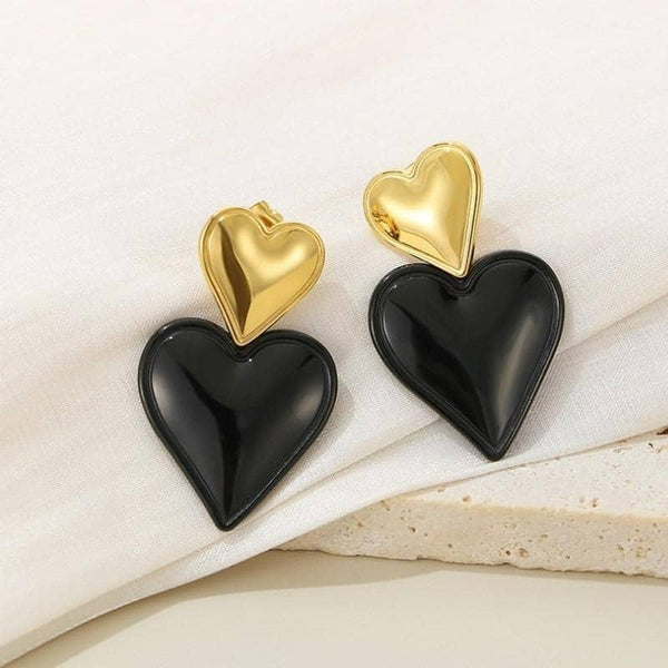 Cercei inox Inima neagra, placaj aur 18K, 9.4 g