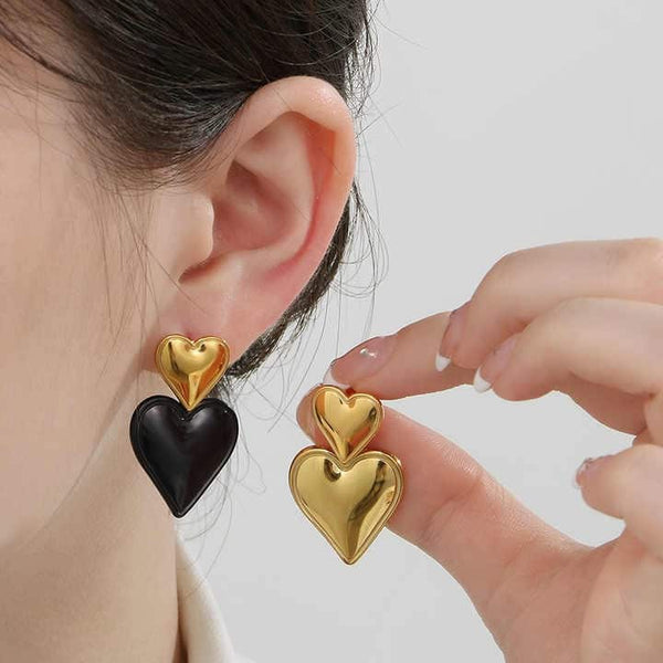 Cercei inox doua inimi, placaj aur 18K, 9.8 g