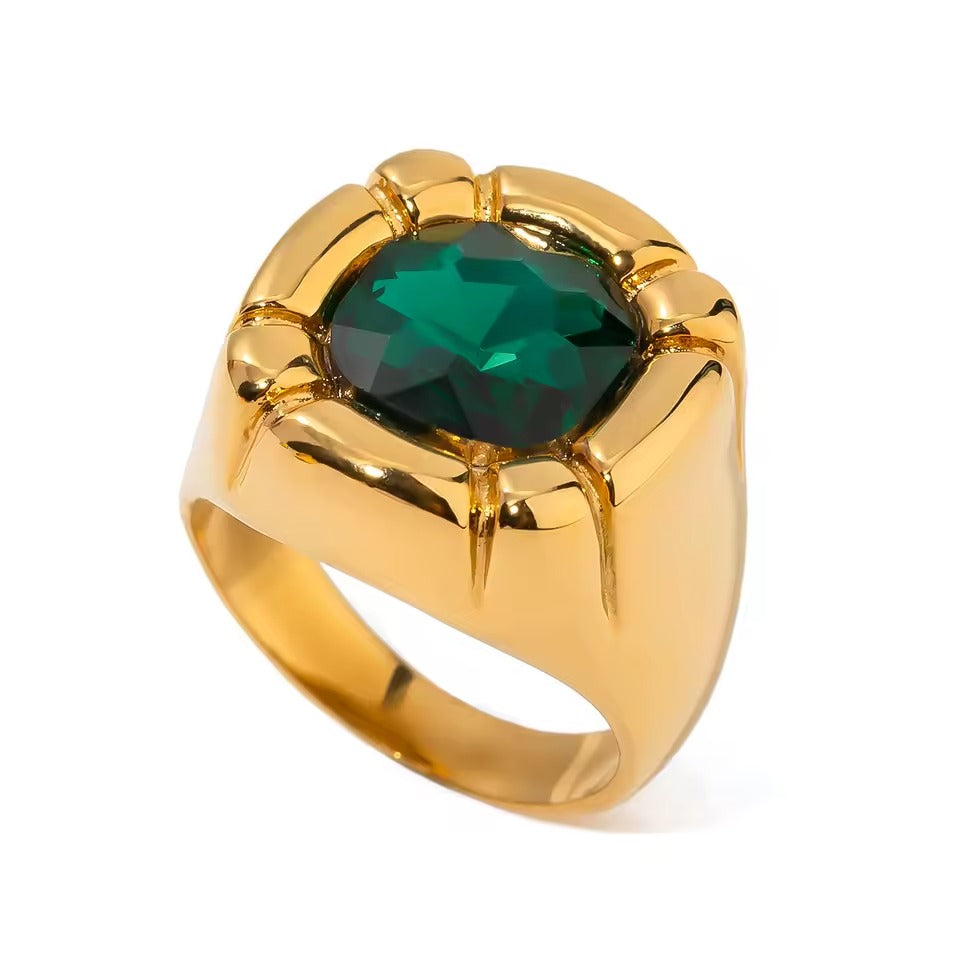 Inel inox, placaj aur 18K, Ghiul cu piatra CZ verde