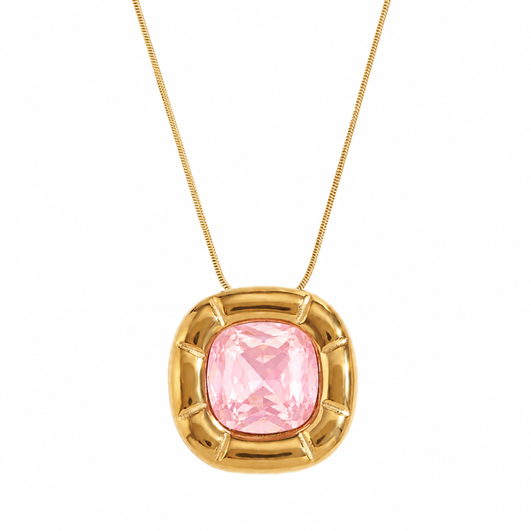 Colier otel inoxidabil placat cu aur 18K, CZ roz patrat