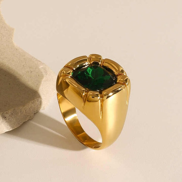 Inel inox, placaj aur 18K, Ghiul cu piatra CZ verde