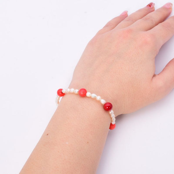 Bratara cu perle, coral si ornamente din argint 20 cm - Podoabele Mele